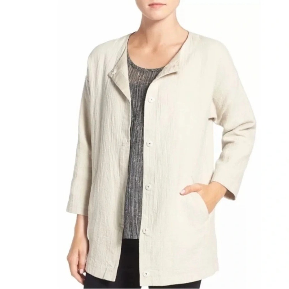 Eileen Fisher Stucco Linen Organic Cotton Doubleweave Snap Jacket Size PM Bone